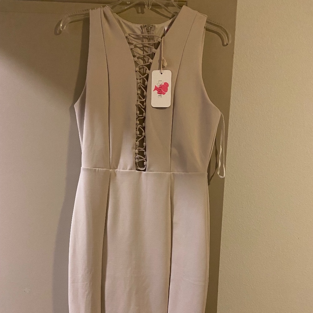 Tan Lace Up Front Bodycon Dress with Slit
